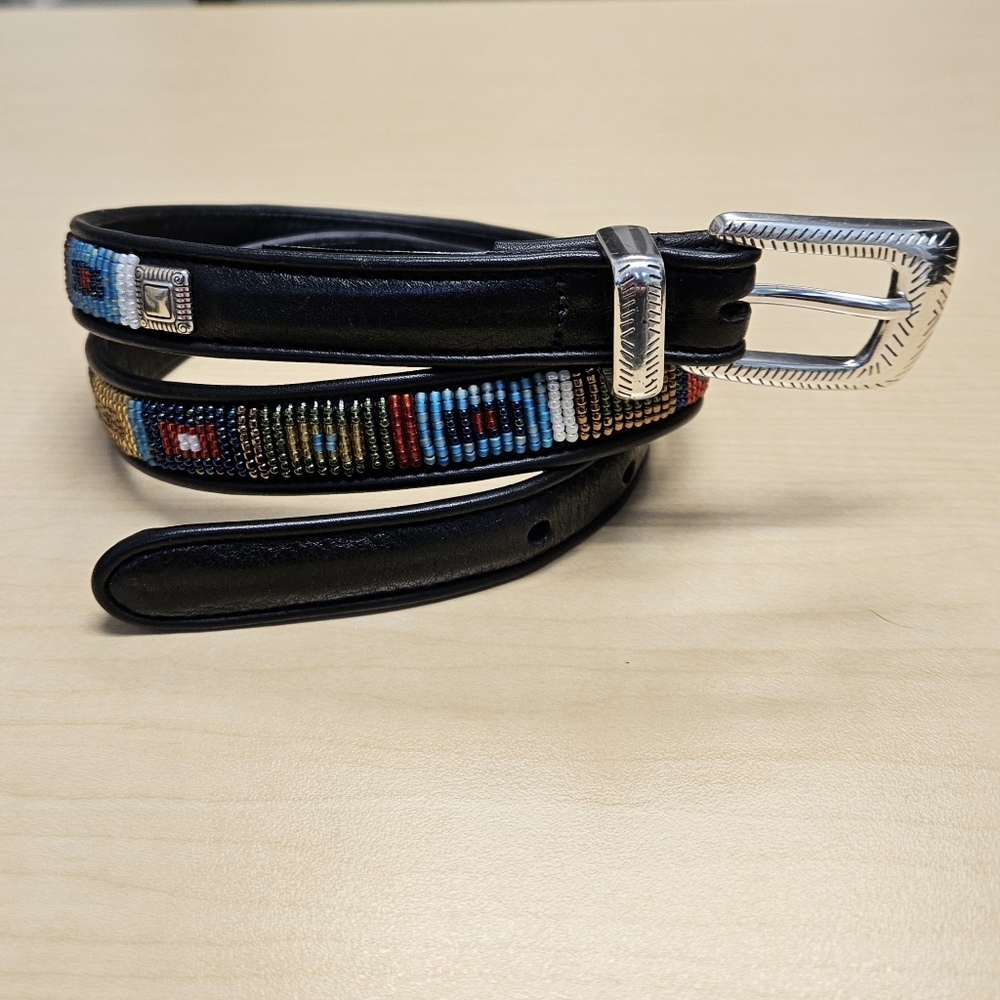 Brighton Multicolored Beaded Black Leather Waist Belt Women’s Size M/30